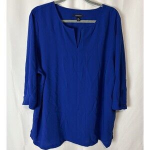 Lands End Womens 3/4 Sleeve Notch Neck Tunic Blouse Cobalt Blue Size 2X Career